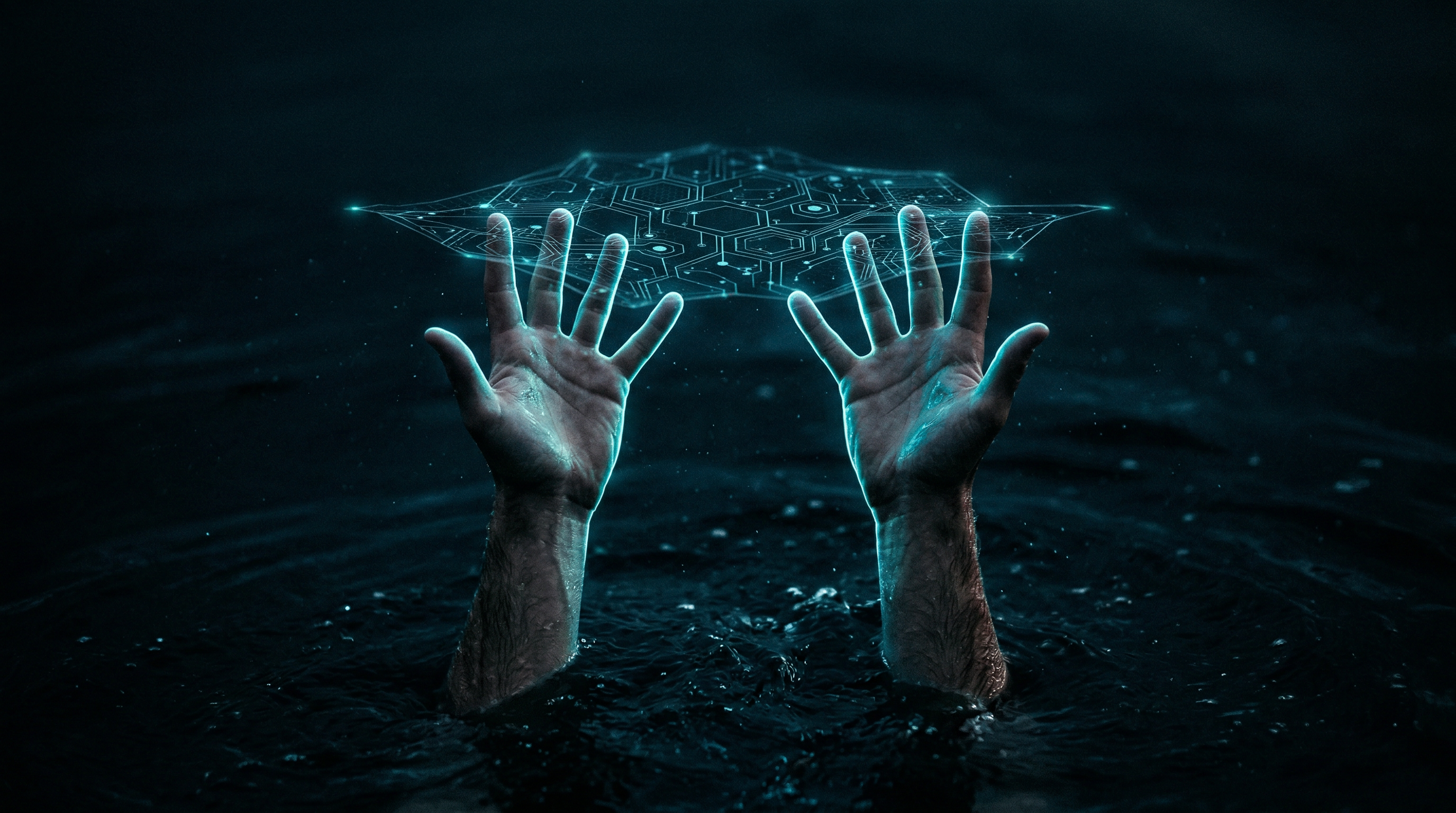 Two hands rising from dark water, holding up a luminous cyan circuit network above them
