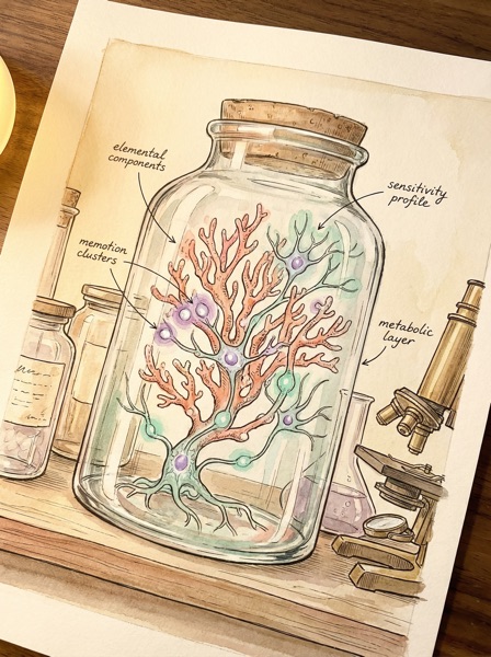 Neural-coral hybrid specimen in a glass jar with labeled components: elemental components, memotion clusters, sensitivity profile, metabolic layer