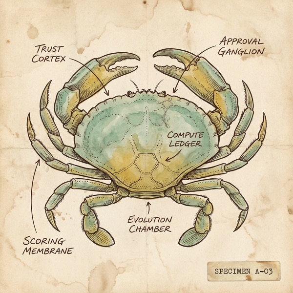 Specimen A-03: anatomical study of a crab with AI governance components labeled - Trust Cortex, Approval Ganglion, Compute Ledger, Evolution Chamber, Scoring Membrane
