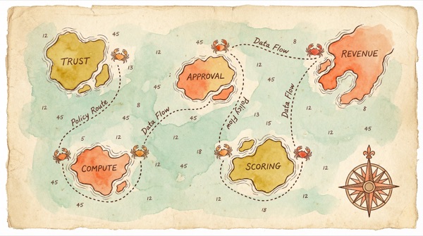 Nautical chart of the SLOBSTAH governance archipelago showing Trust, Approval, Compute, Scoring, and Revenue islands