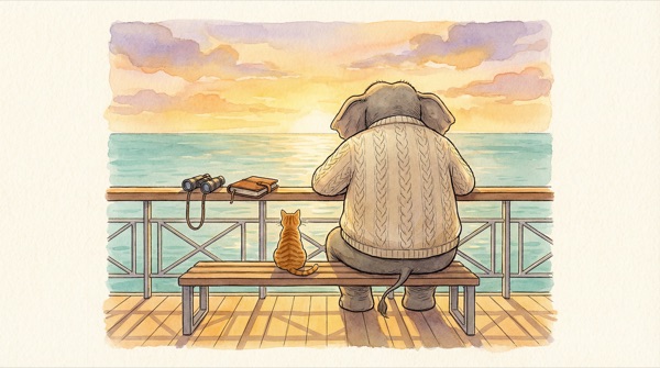 An elephant in a cable-knit sweater and an orange cat sitting together on an observation deck, looking out at the ocean at sunset
