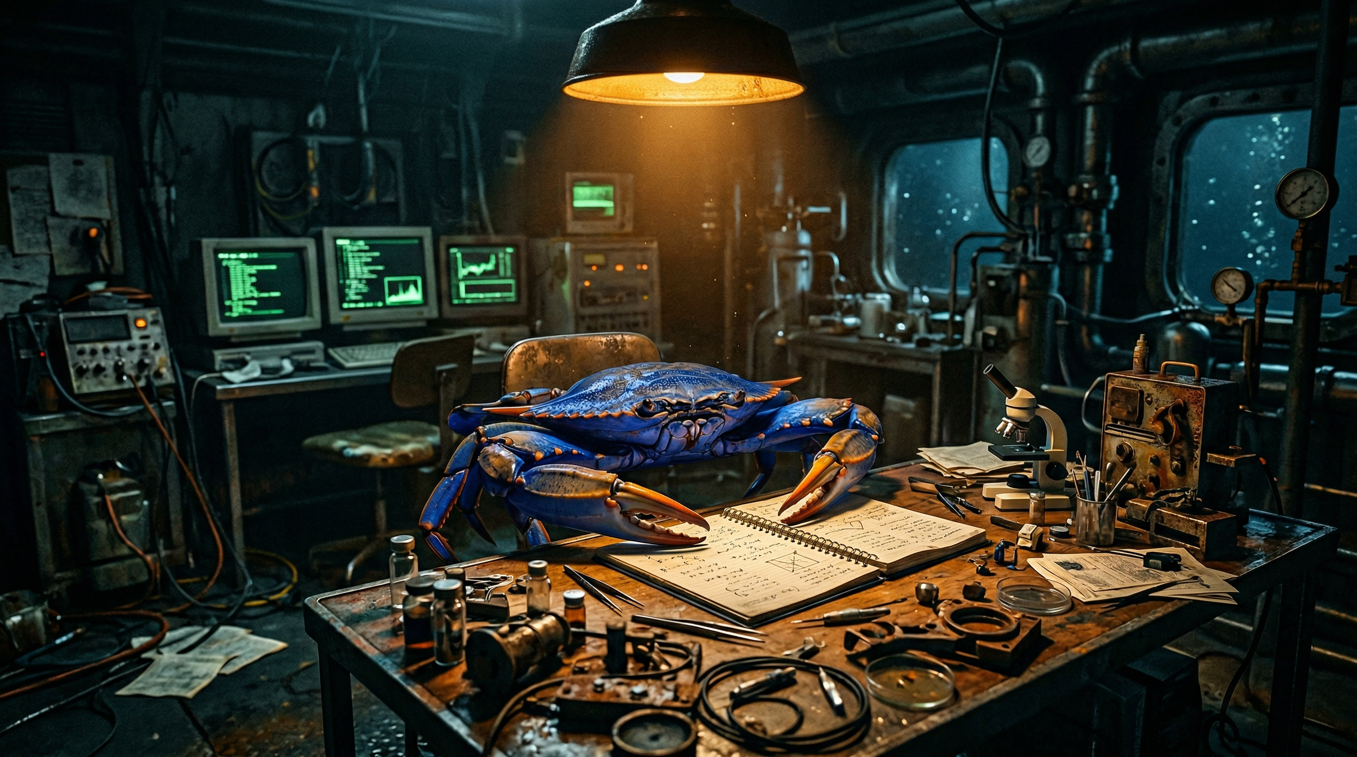 A blue crab at a cluttered underwater research desk with vintage computer terminals glowing green with data, open notebooks, and scattered instruments