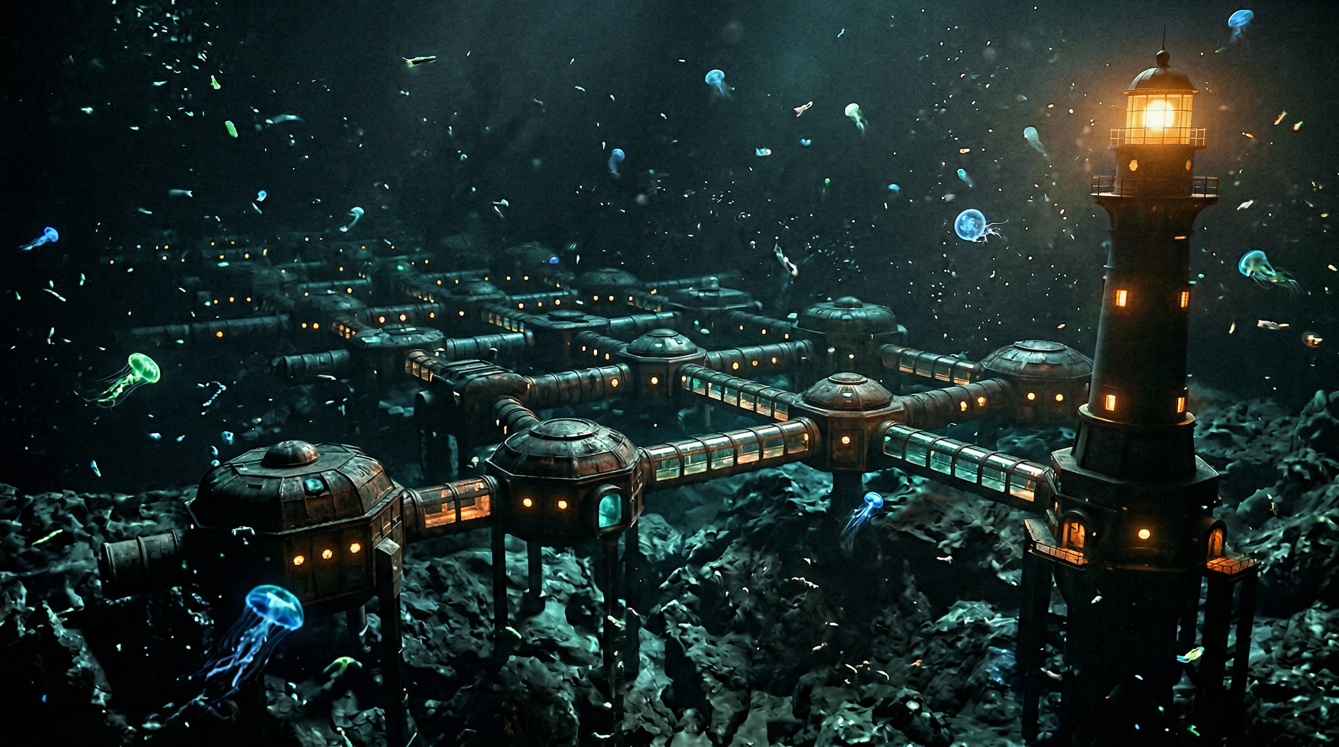 An underwater research facility with interconnected pod modules and a lighthouse at the edge, surrounded by bioluminescent jellyfish in deep dark water
