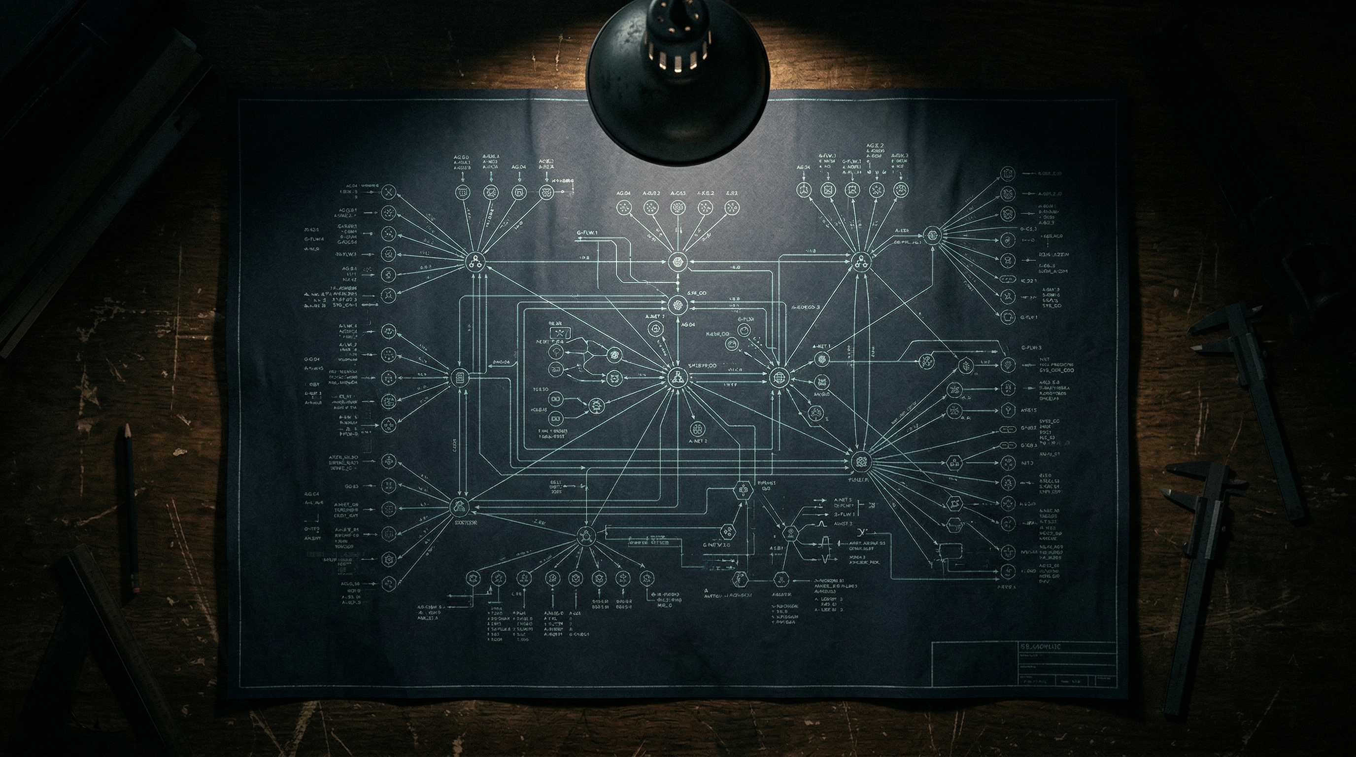 Overhead view of an architectural blueprint spread across a wooden builder's desk under a single overhead lamp, with pencils and drafting tools around it