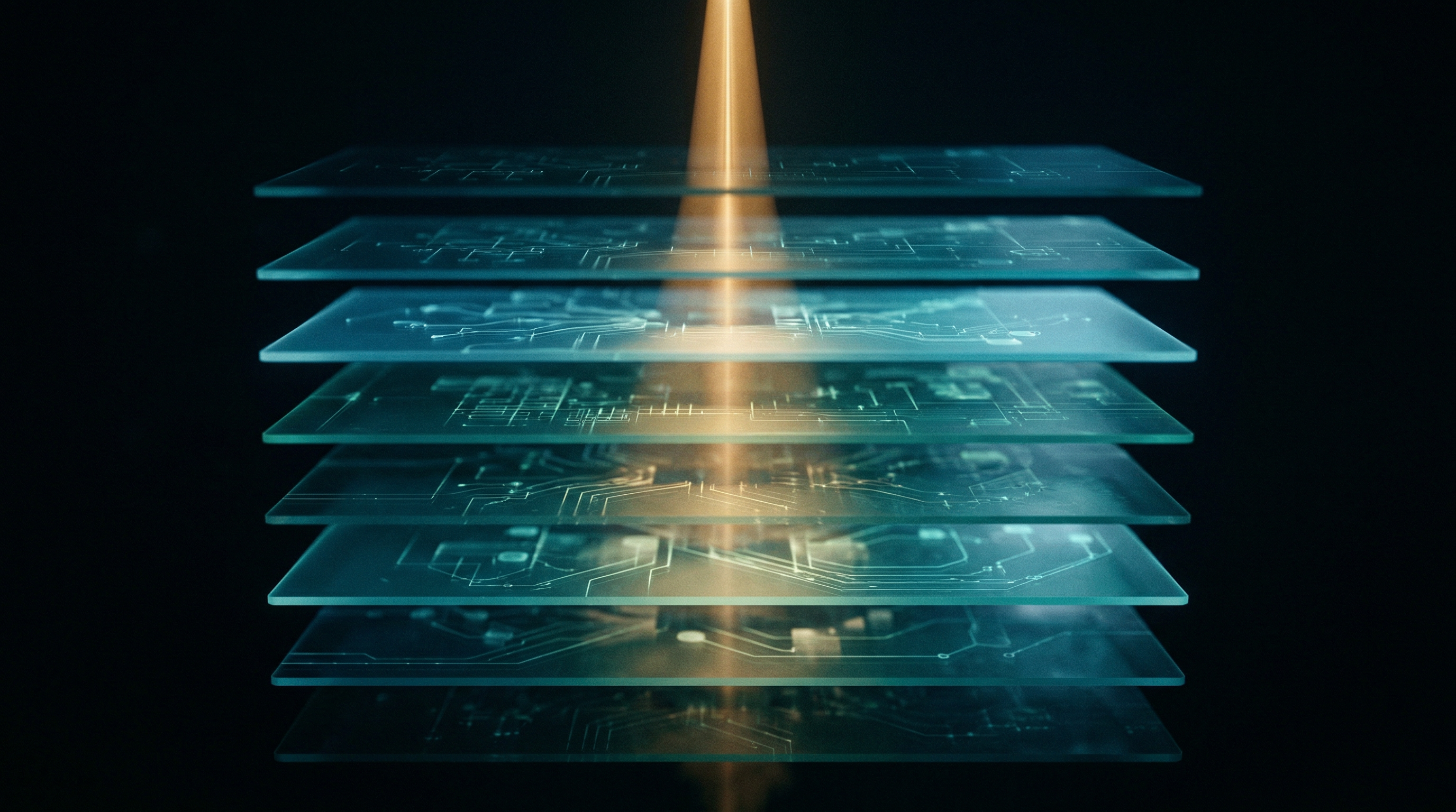 Translucent circuit-board layers stacked vertically in deep space with a golden vertical beam of light running through all of them