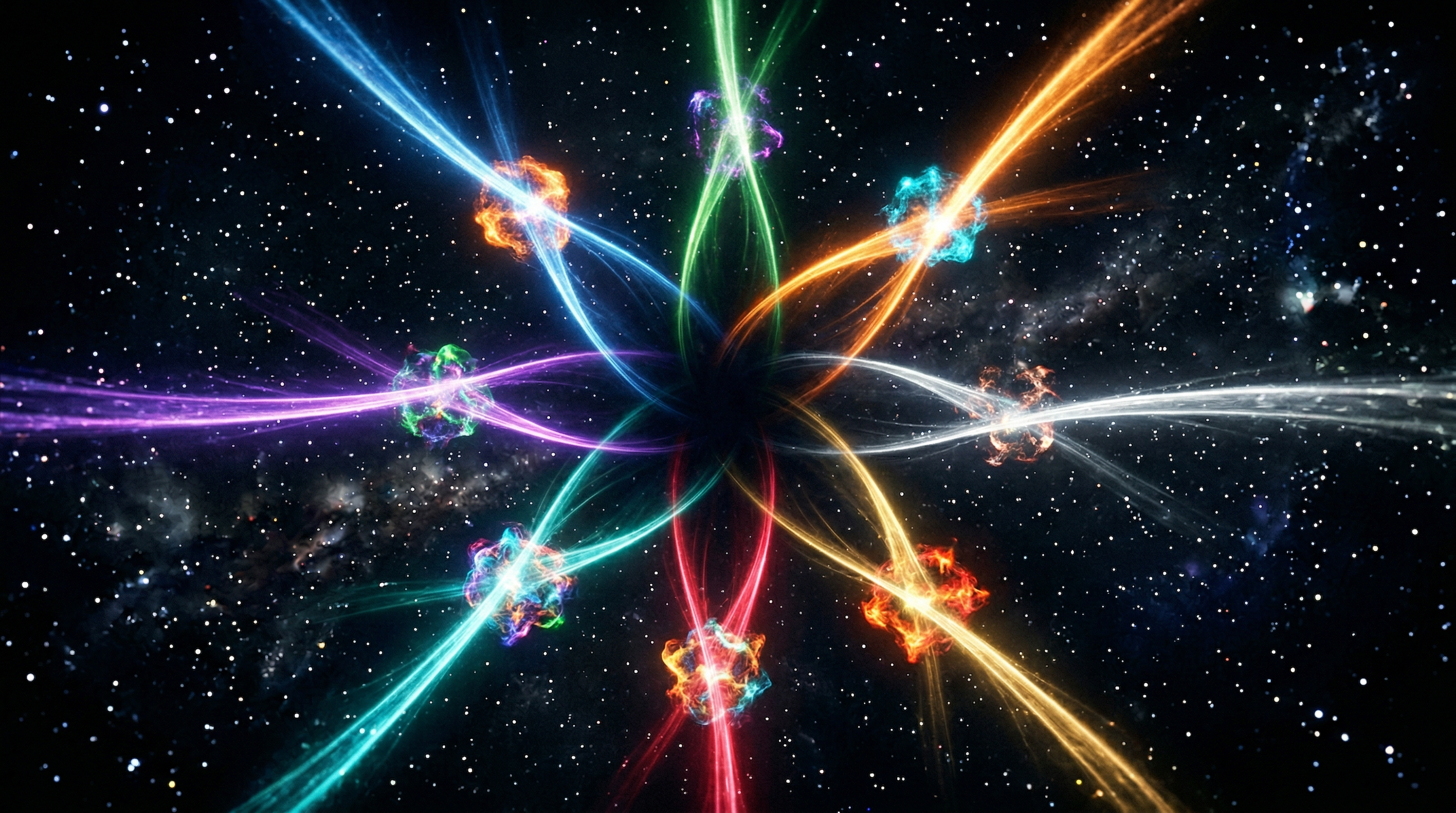 Eight colored luminous strands radiating from a central knot in cosmic space, each strand terminating in a bright bloom of color