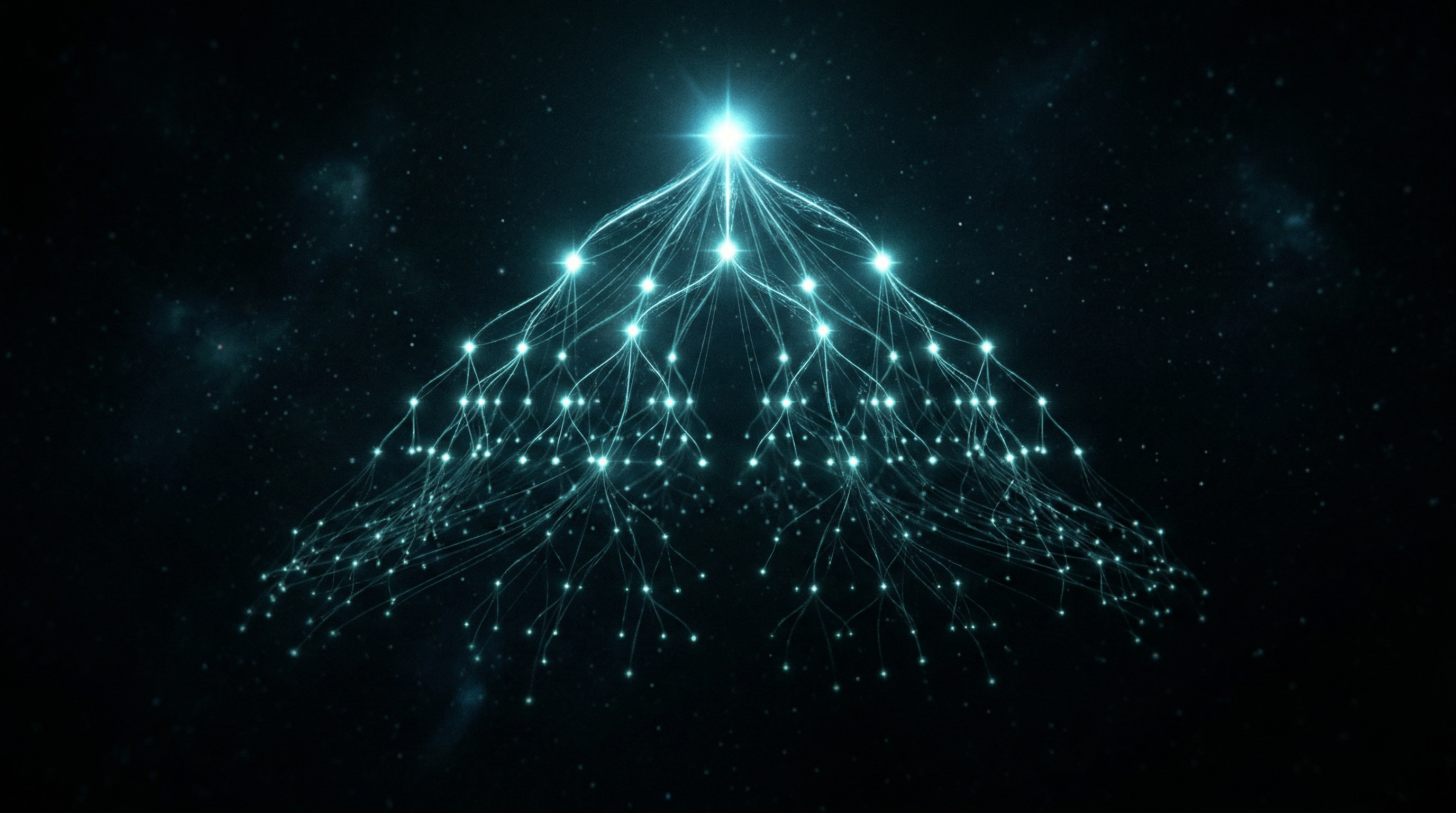 A branching cyan tree network in cosmic space, with one luminous node at the top expanding through multiple levels of connections to many nodes at the bottom