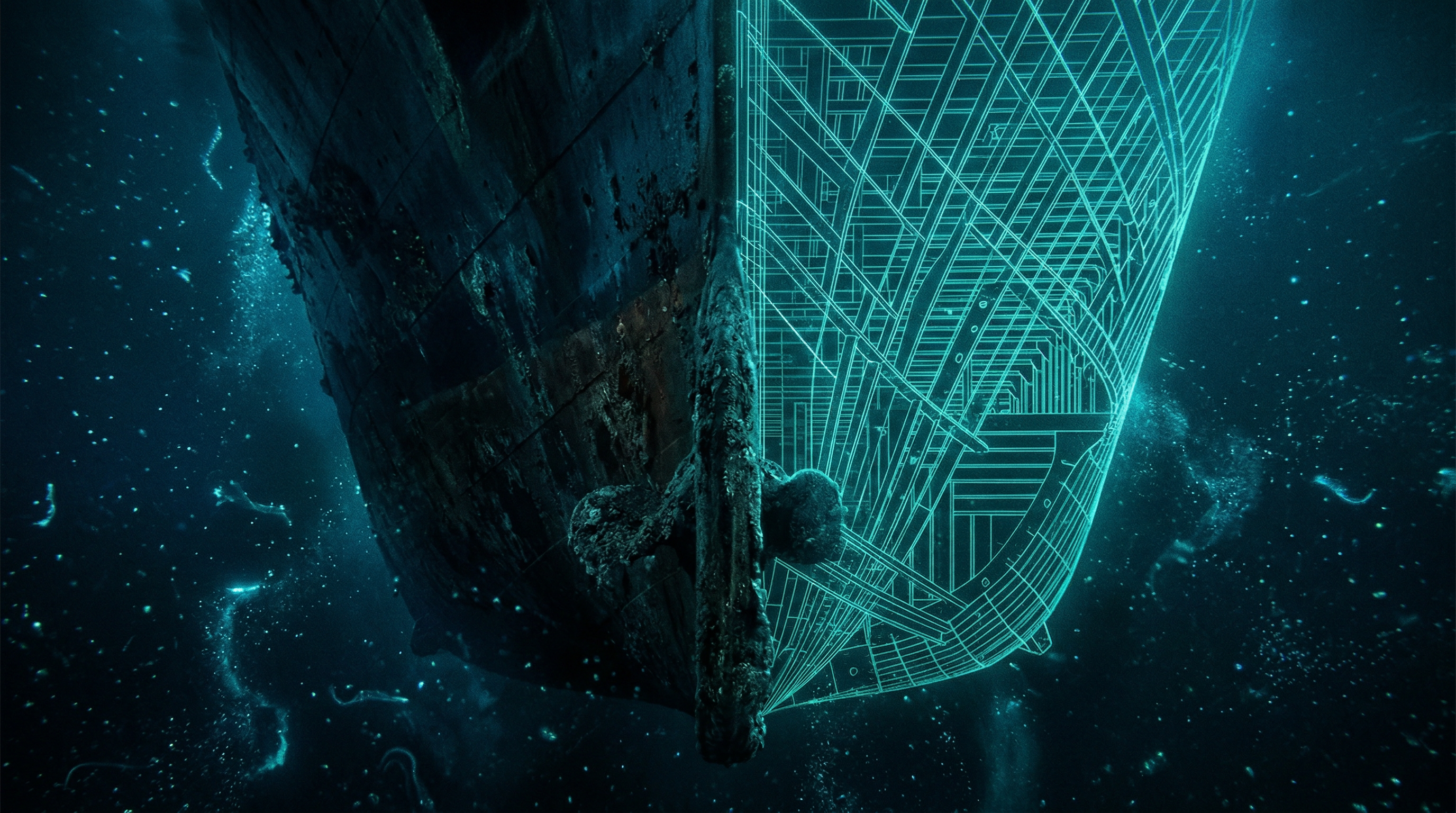 A weathered wooden ship hull in deep water with a luminous cyan geometric grid pattern drawn over it, half physical half technical schematic